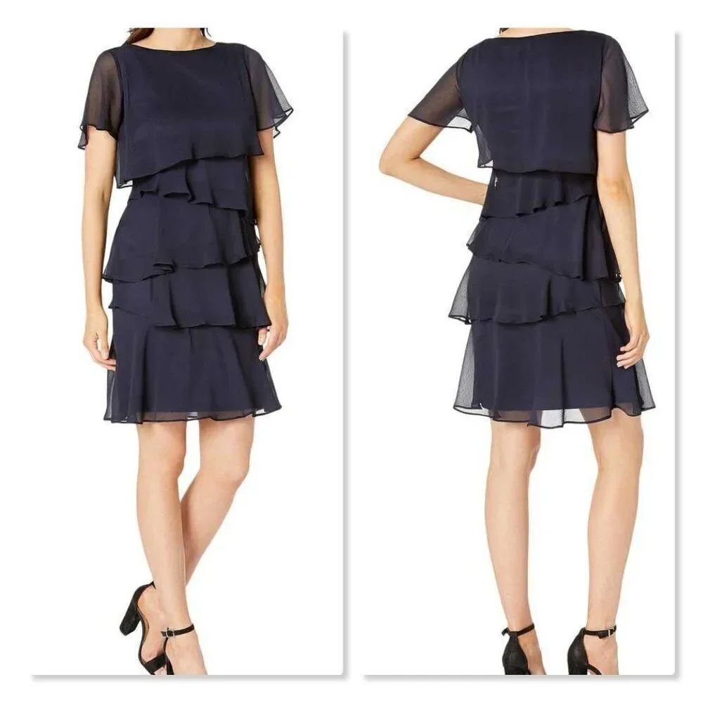 Tahari Tiered Ruffle Chiffon Dress size 6 in Navy - NEW